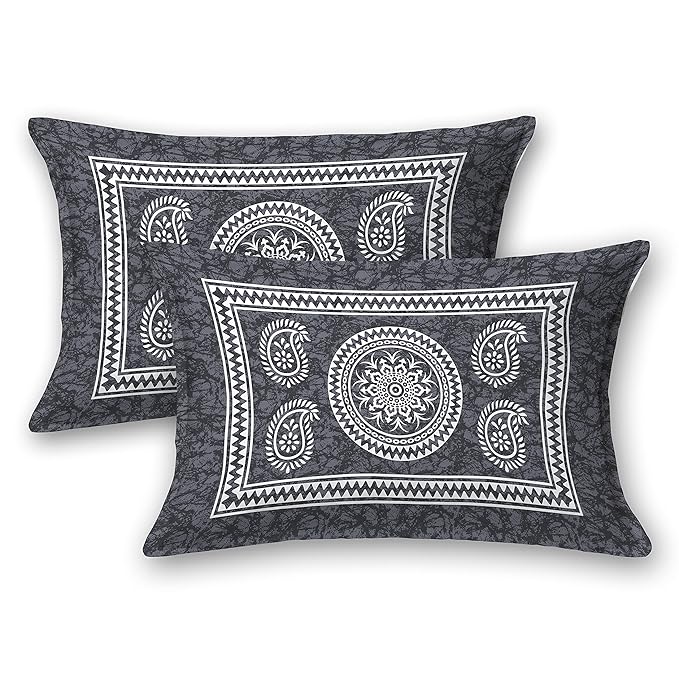 Colorish Motif Mandala Printed 144 Tc Cotton Double Bedsheet With 2 Pillow Covers | Grey