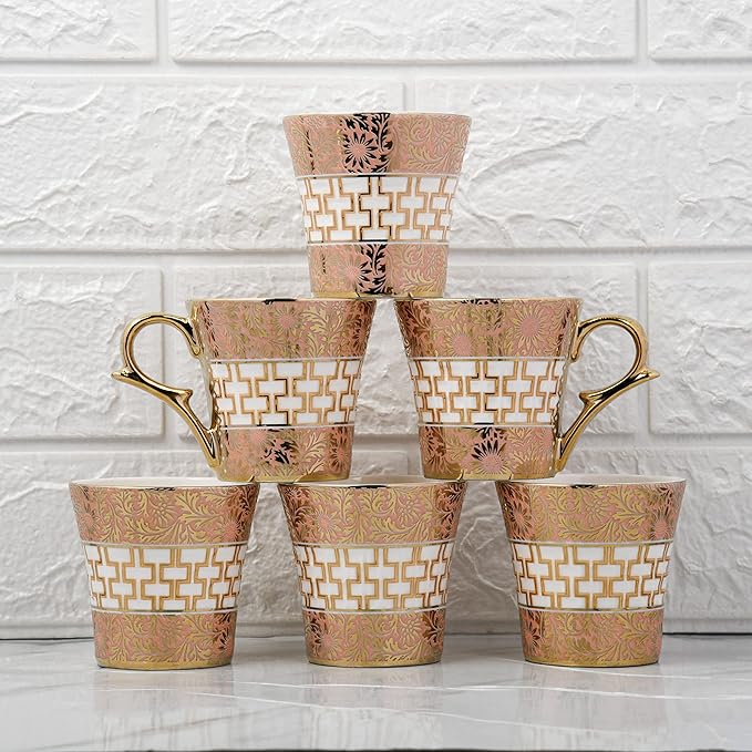 Femora Golden Daisy Finish Ceramic Tea Cups, Coffee Mugs | 160 Ml | Golden | 6 Pcs Set | Not Microwave Safe