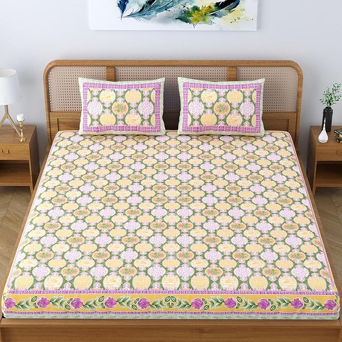 Colorish Cotton Blend Floral Printed Jaipuri King Size Double Bedsheet Set with 2 Pillow Covers | Misty Rose
