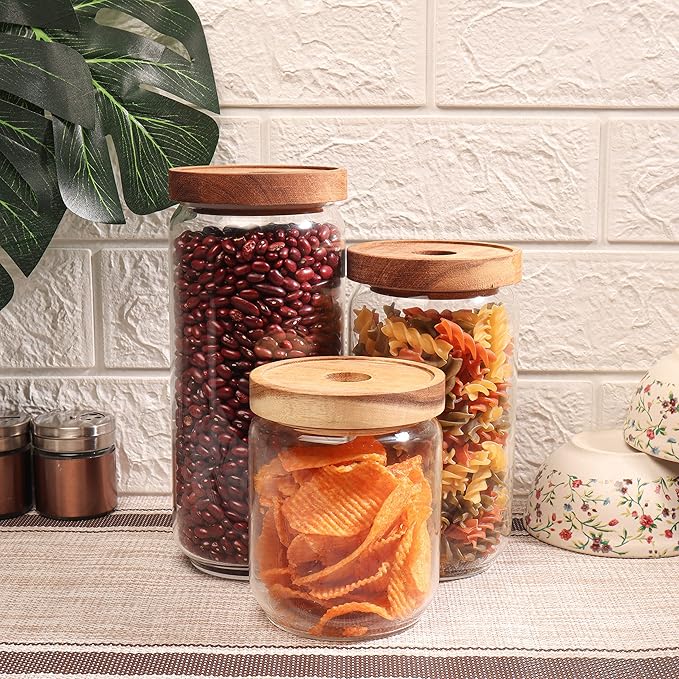 Femora Kitchen Storage Jars Borosilicate Glass Jar for Kitchen With Wooden Lid Air Tight Jar | 500 Ml | Pack of 2