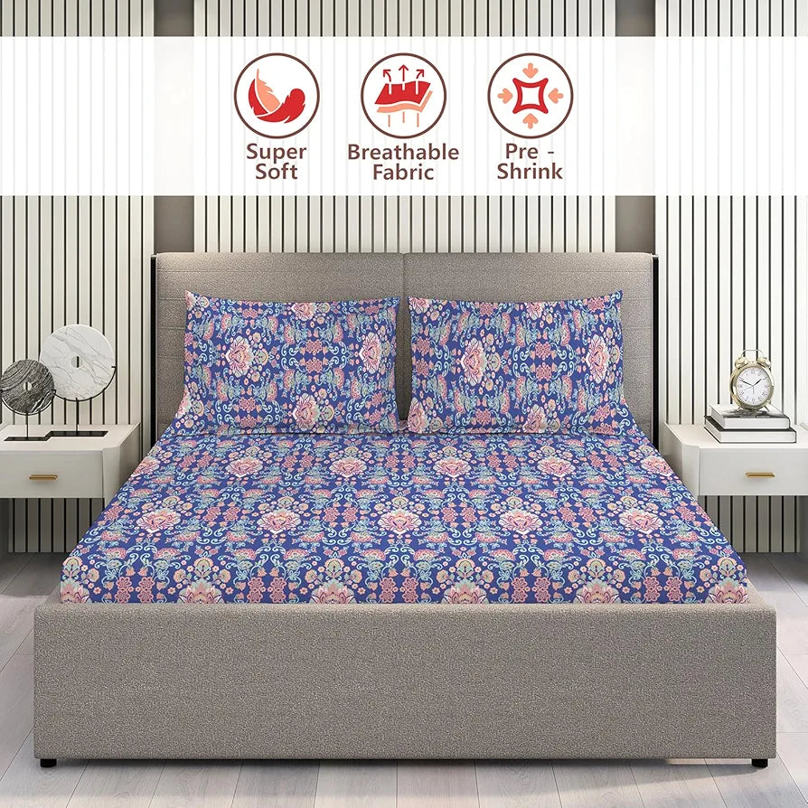 Layers Illuminating Homes Cotton Bedsheet Set for All Seasons Lightweight 140 TC Queen Size Blue Illuminating
