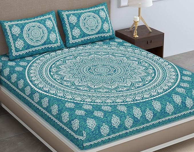 Colorish Cotton Blend Traditional Mandala Jaipuri Printed Bedsheet for Double Bed King Size With 2 Pillow Covers | Sea Green
