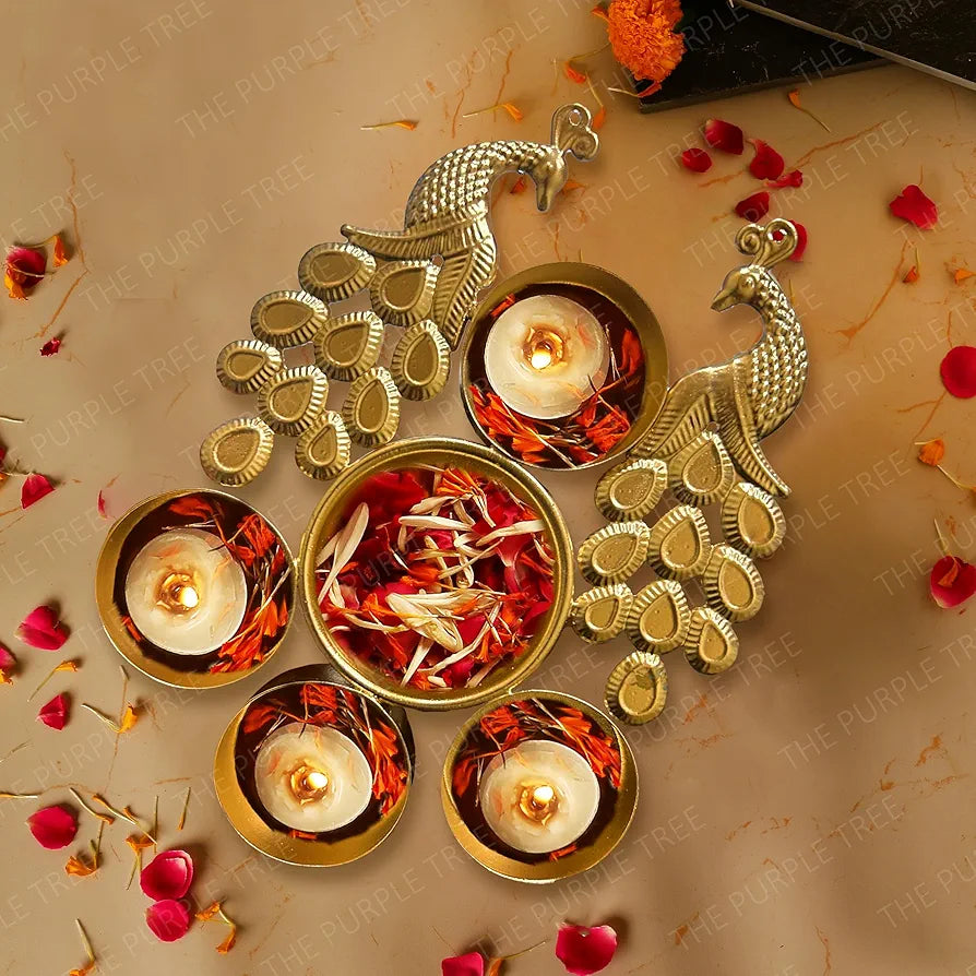 The Purple Tree Peacock Design Mini Urli Bowls with 4 Diyas  Urli Diyas Small Traditional Bowl Mini Urli Diya 2 pc