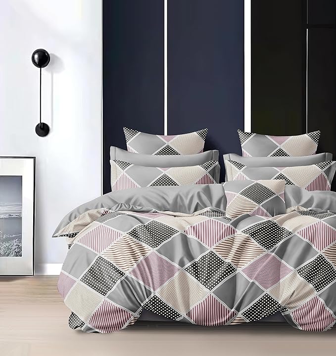 Cortina 140 Tc 100% Microfiber Printed Double Bedsheet Set With Two Pillow Case | 90x100 Inches | Pink/grey | Striped