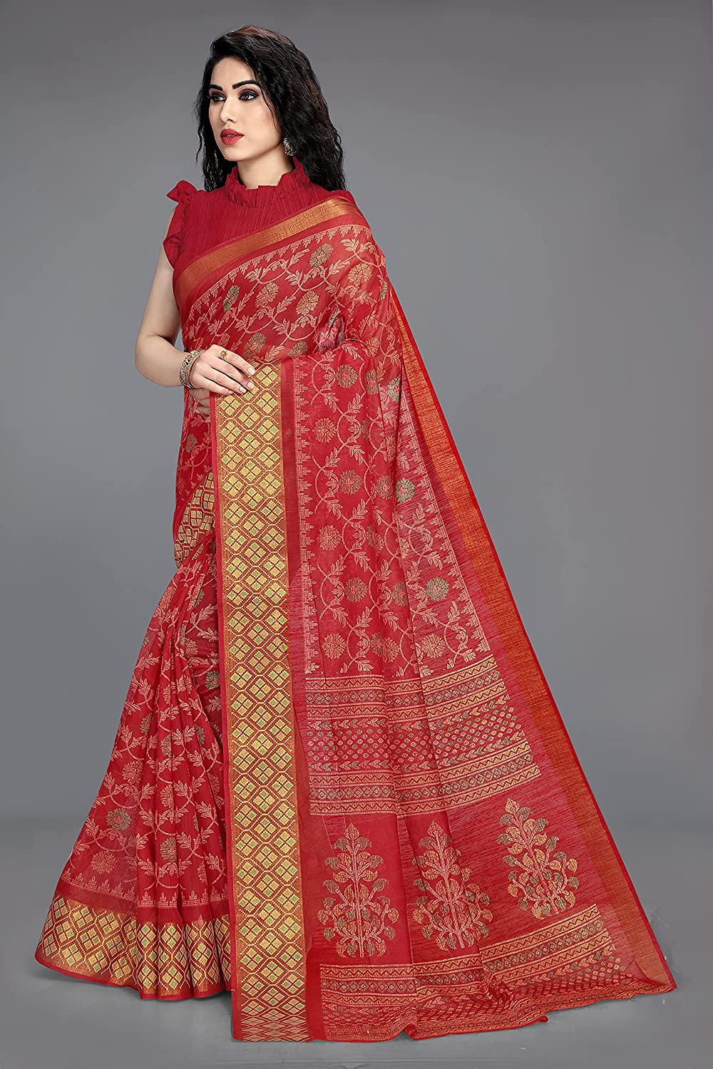 Mirchi Fashion Women's Red Cotton Blend Kalamkari Printed Saree