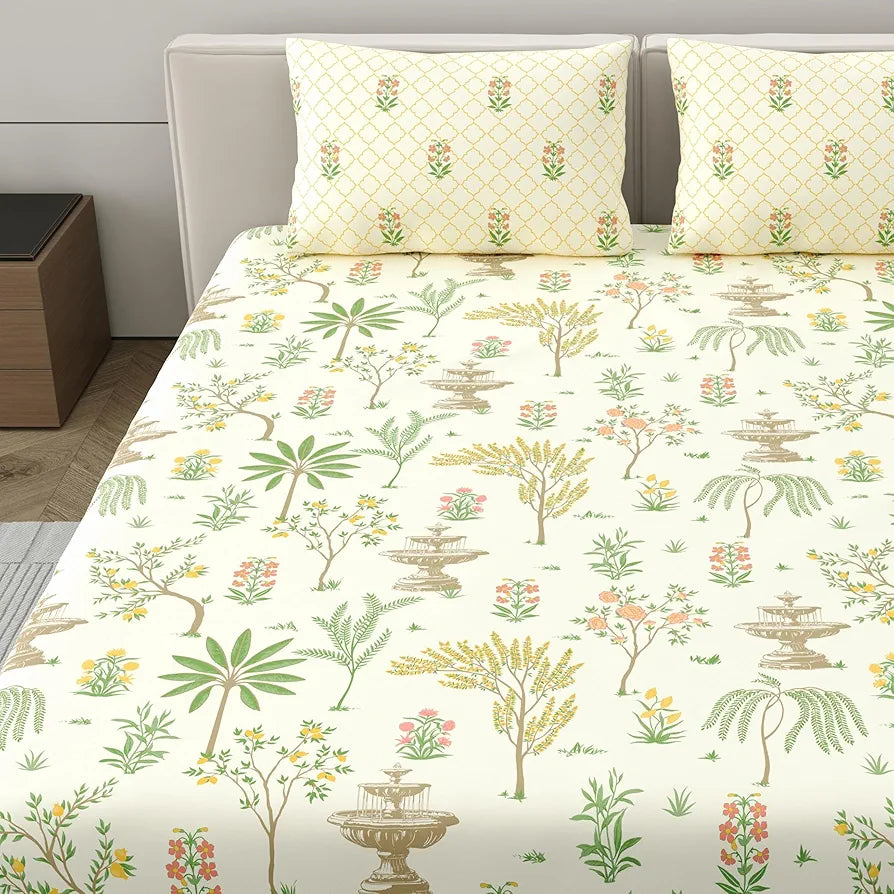 Dreamscape Cotton King Fitted Bedsheet with 2 Pillow Covers Macaroon Color