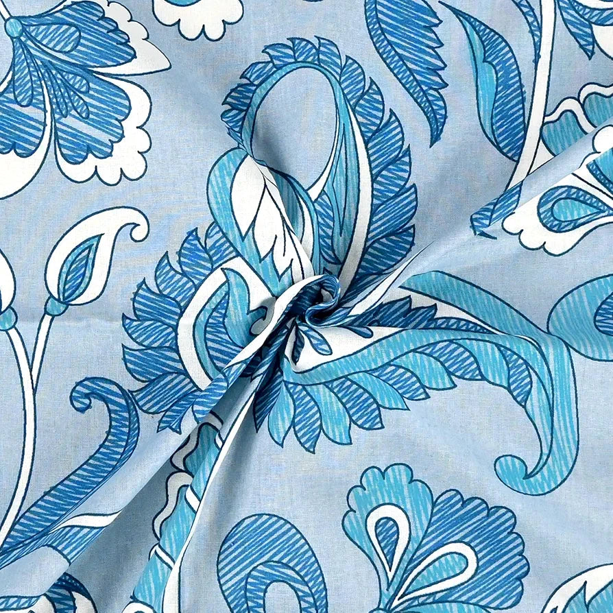 Divine Casa 144 TC Pure Cotton Double Size Bedsheet with 2 Pillow Covers Floral Paisley Colour White Aqua Blue