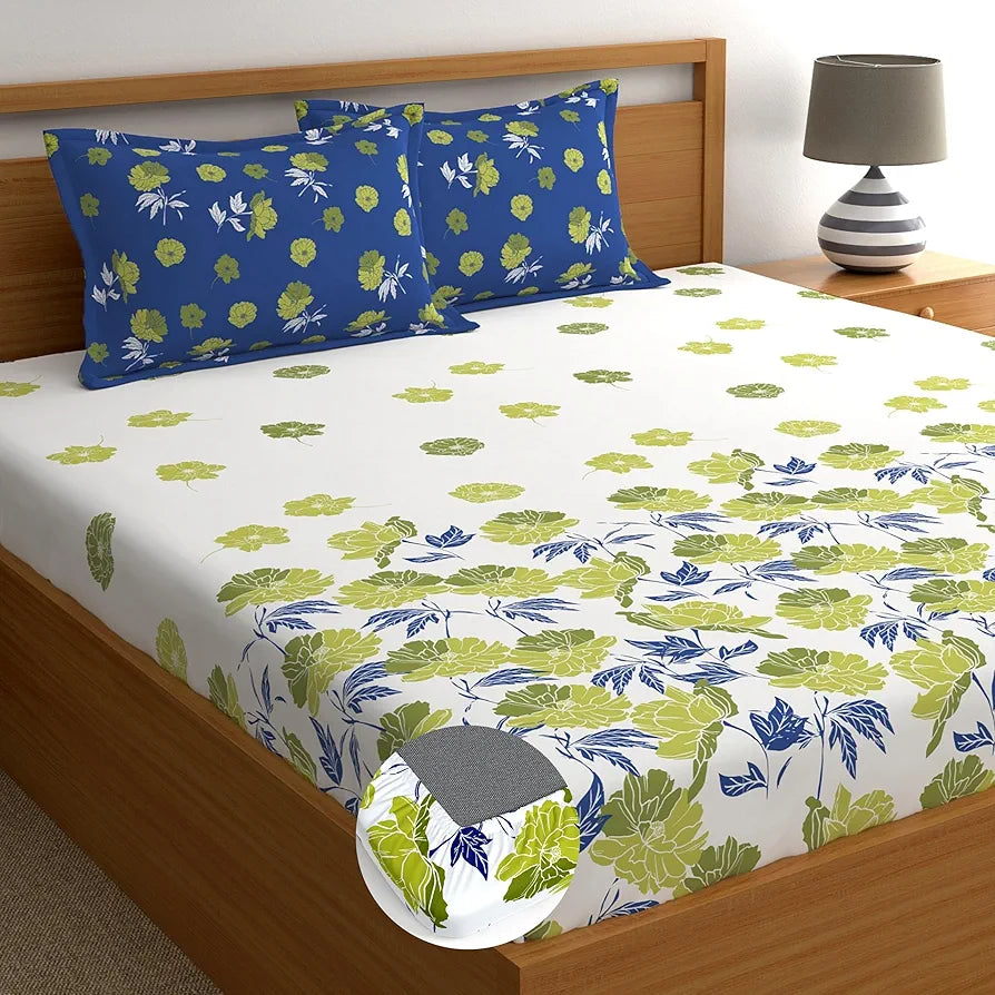 Dreamscape Cotton King Fitted Bedsheet with 2 Pillow Covers, 140 tc Cotton Floral Blue Bedsheet for King Fitted Bed Chilly Spell