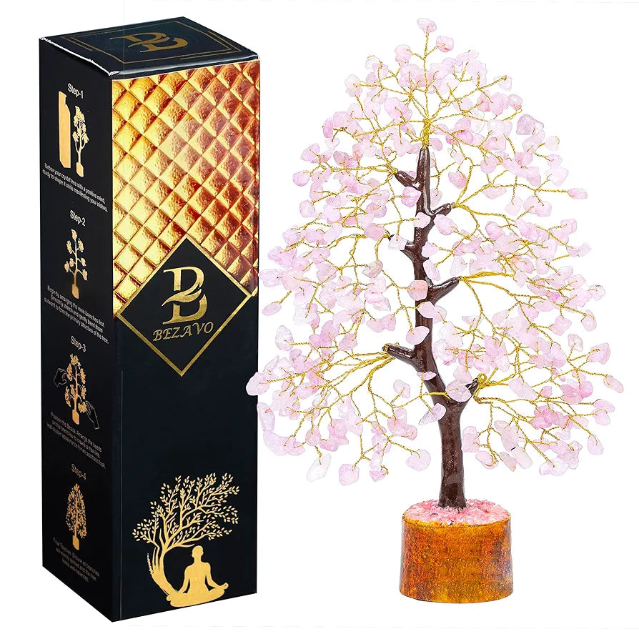 Bezavo Rose Quartz Crystal Tree Golden Wire