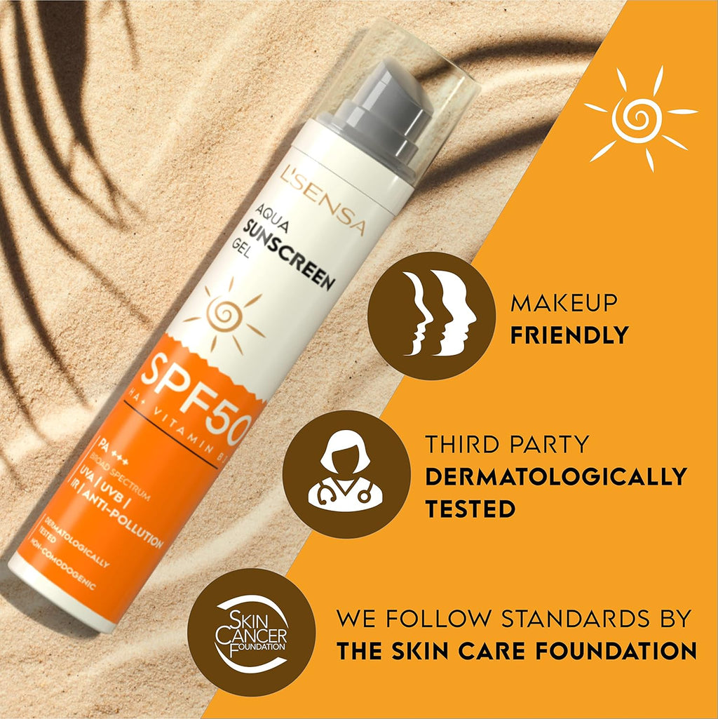 L'SENSA Sunscreen SPF 50 for Oily Skin, Anti-Tan, Waterproof Sun cream, 1% Hyaluronic Aqua Gel, Free from Oxybenzone, For Oily, Combination & Ace Prone Skin, Make-Up Friendly For Women & Men, 50Gram