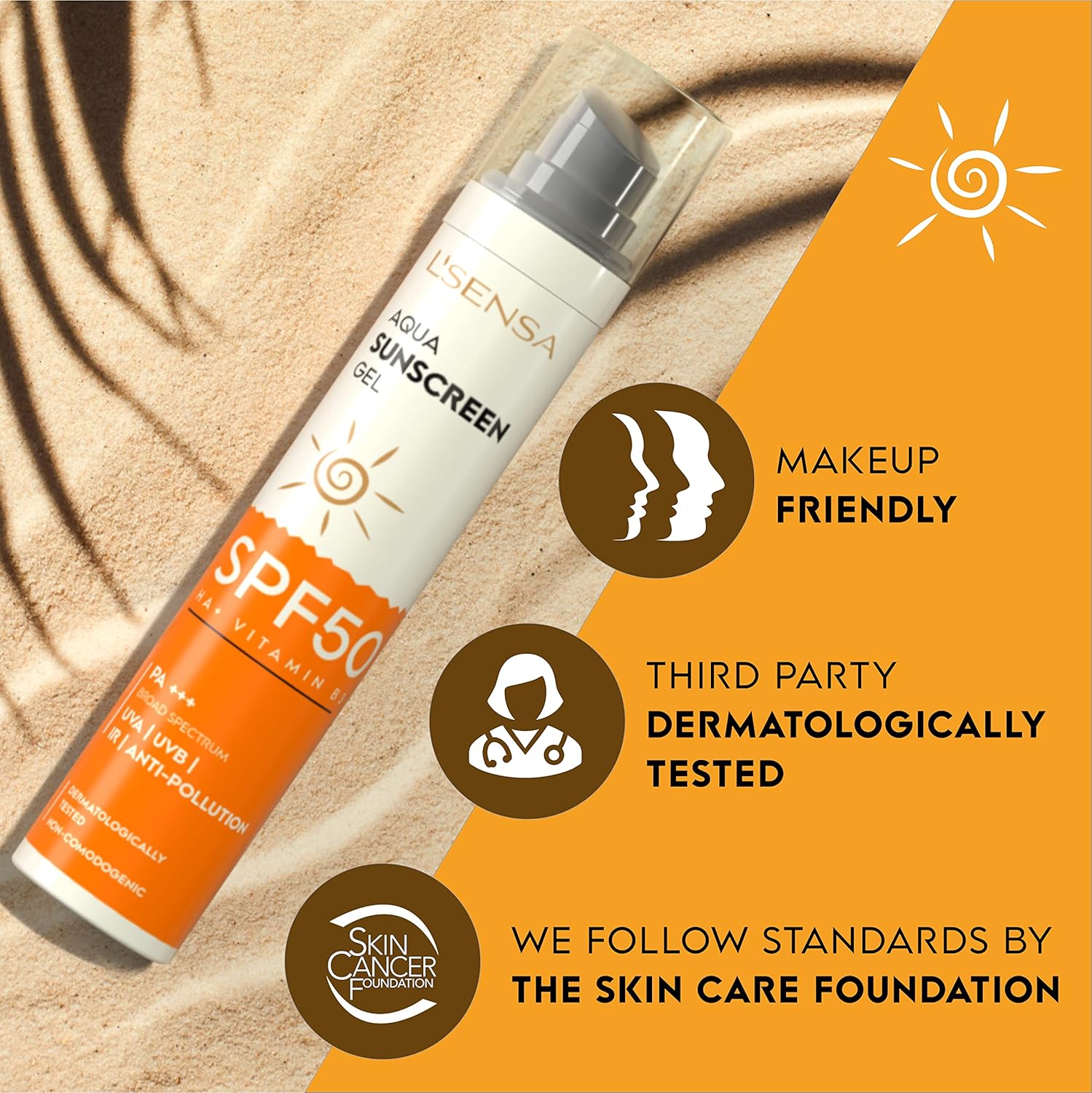 L'SENSA Sunscreen SPF 50 for Oily Skin, Anti-Tan, Waterproof Sun cream, 1% Hyaluronic Aqua Gel, Free from Oxybenzone, For Oily, Combination & Ace Prone Skin, Make-Up Friendly For Women & Men, 50Gram