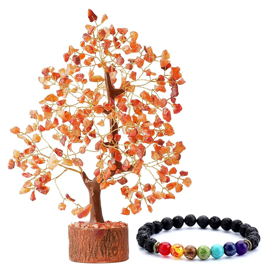 Reikved Carnelian Crystal Natural Gemstone Carnelian Gold Bonsai Money Tree with Chakra Bracelet