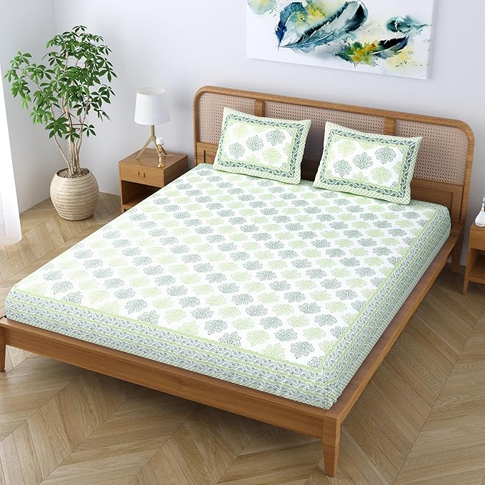 Colorish Jaipuri Traditional Floral Printed Cotton Blend Bed Sheet With 2 Pillow Covers | Pastel Green
