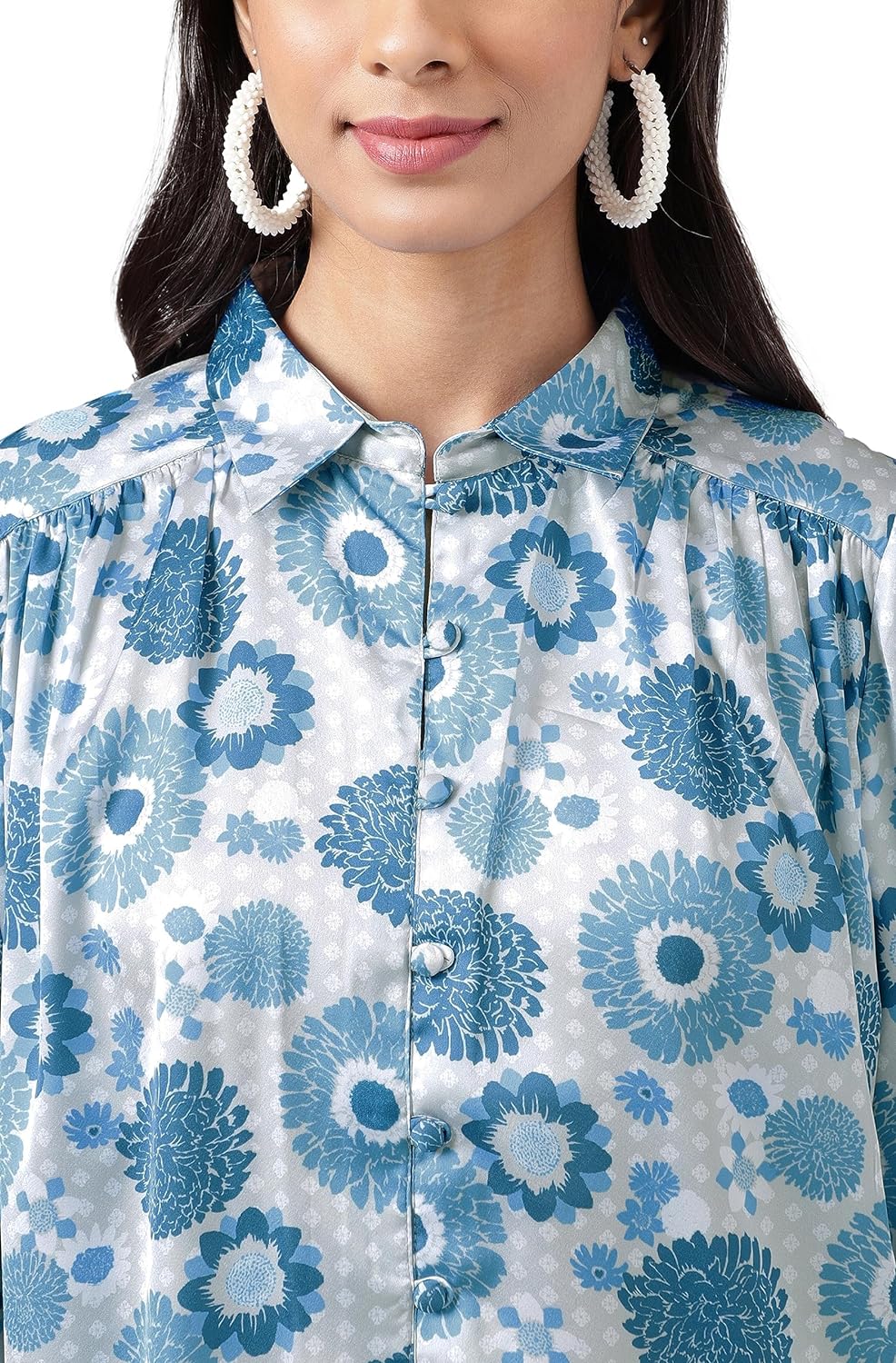 Janasya Women's Grey Satin Digital Floral Printed Shirt Style Top