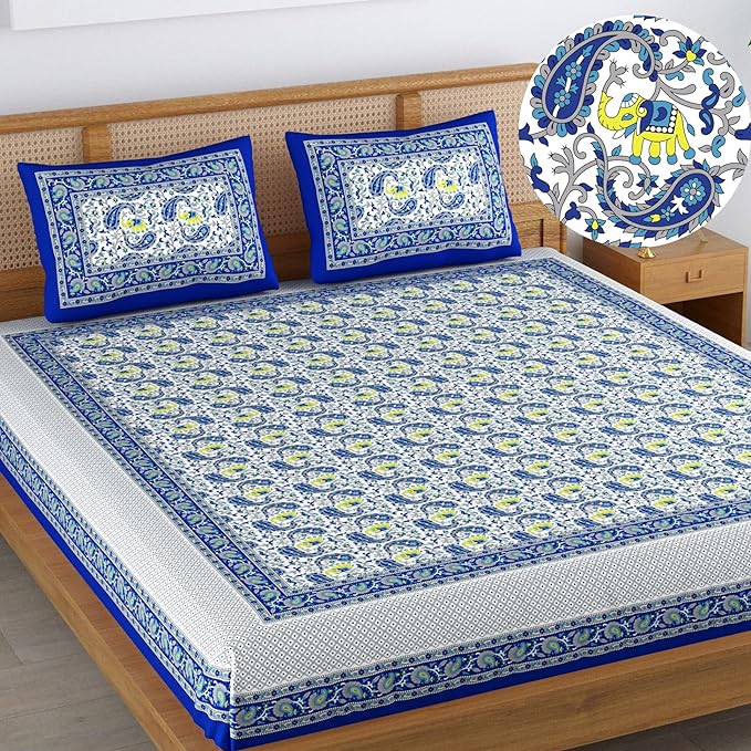 Colorish 120 Tc Cotton Blend Elephant Printed Jaipuri Bedsheet for Double Bed King Size With 2 Pillow Covers | Indigo Blue