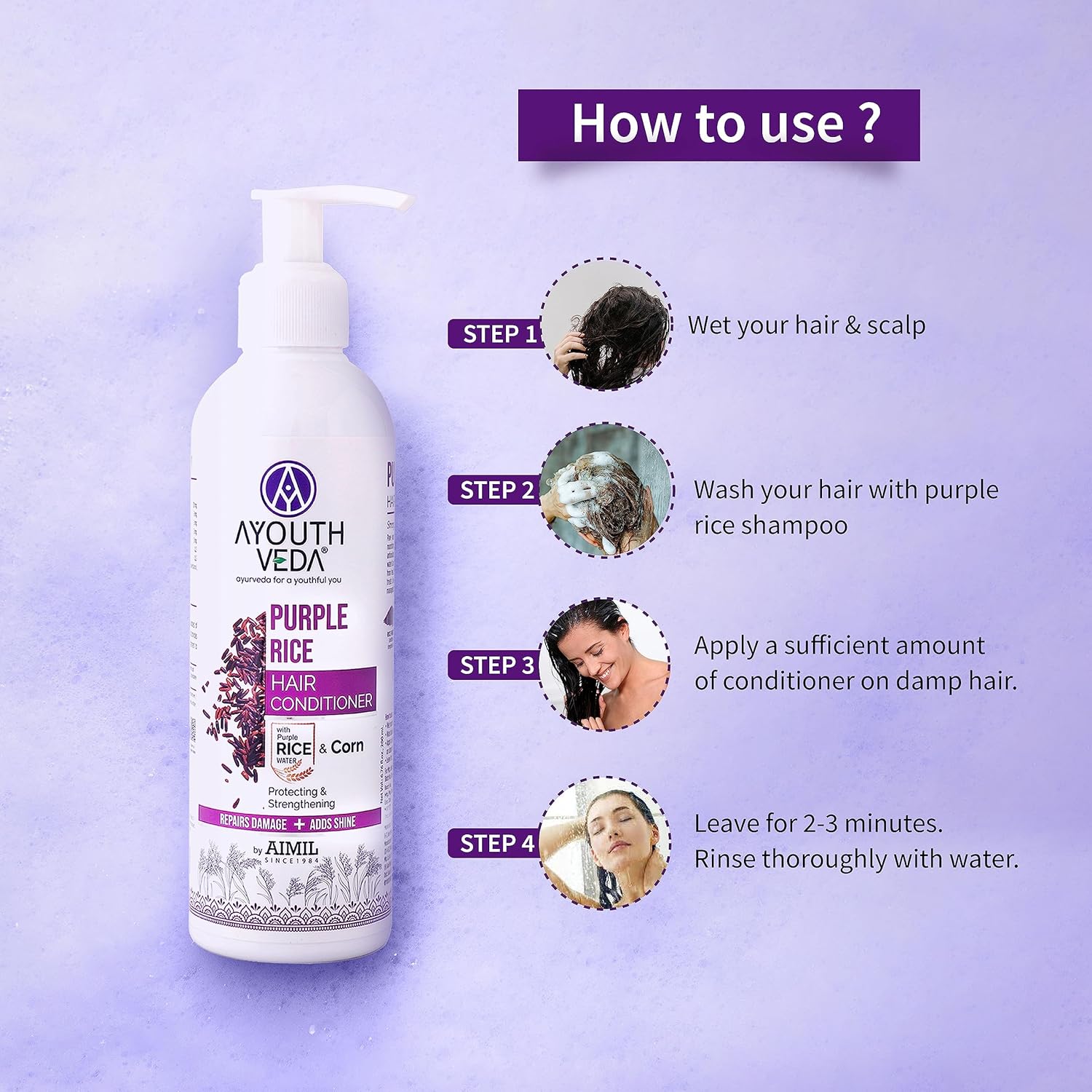 Ayouthveda Purple Rice Hair Conditioner with Rice Water & Kernel Protein | Repairs Damage, Controls Frizz & Enhances Volume | Enriched with Eggplant, Betel & Guava Leaves | For All Hair Types | 200ml