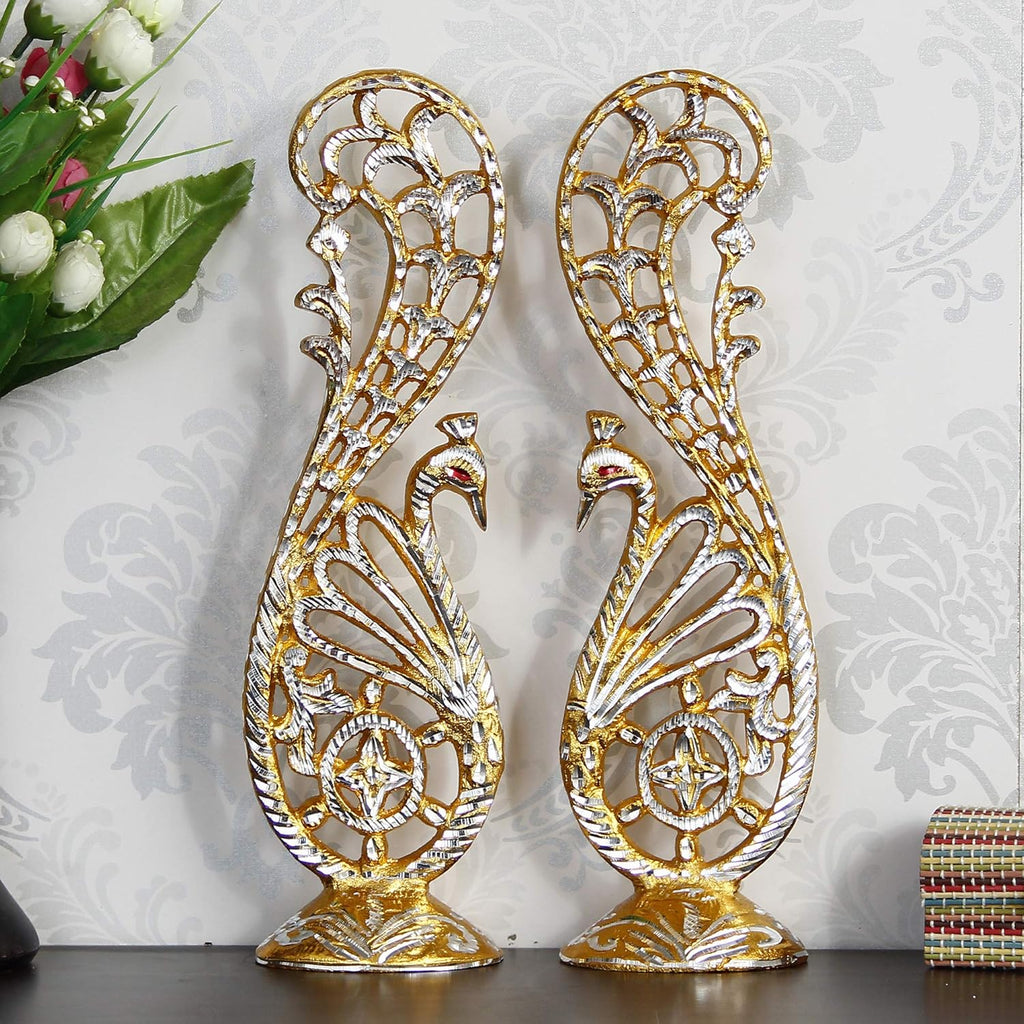 Ecraftindia Golden and Silver Metal Handcrafted Peacock Couple Statues Decorative Birds Figurines Showpieces