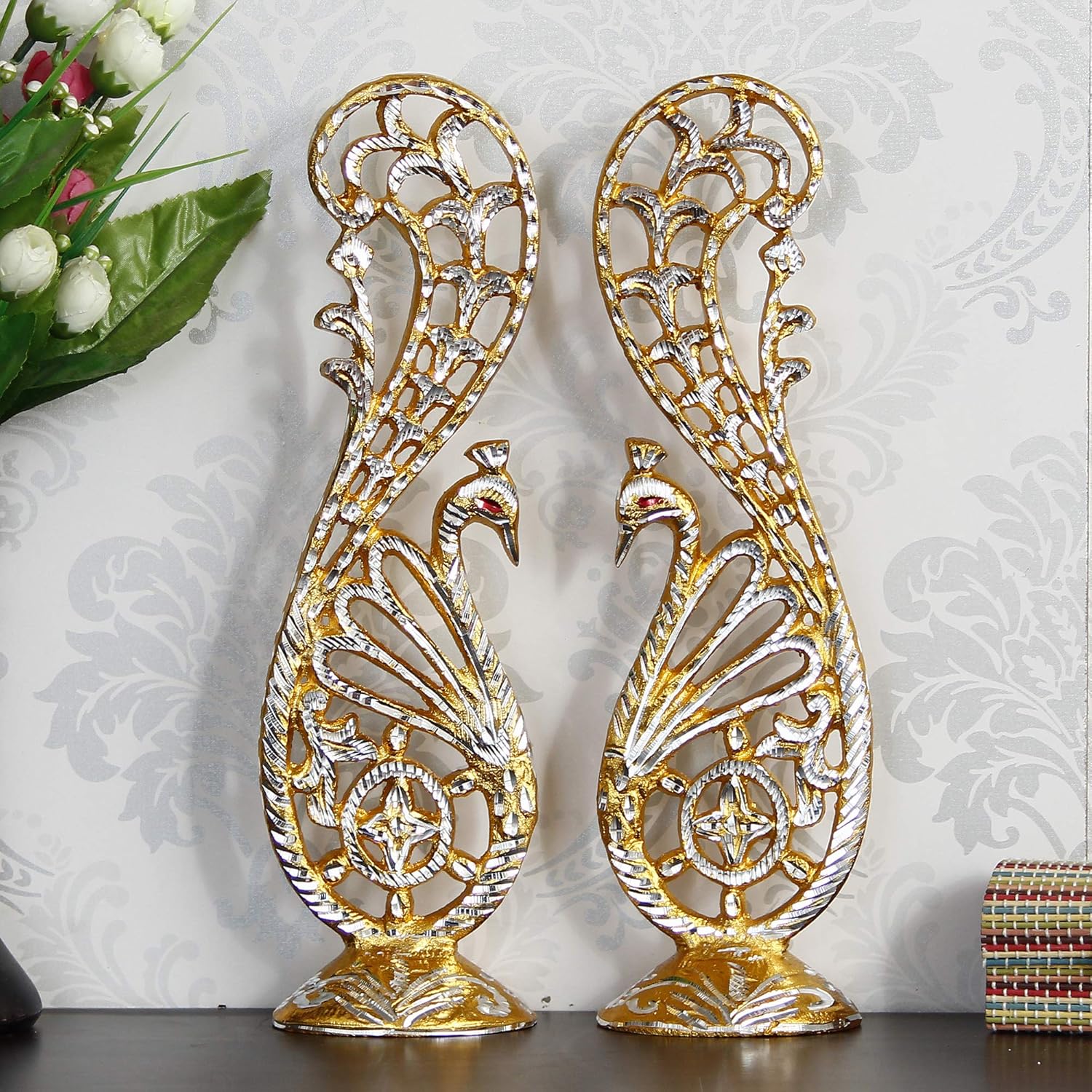 Ecraftindia Golden and Silver Metal Handcrafted Peacock Couple Statues Decorative Birds Figurines Showpieces