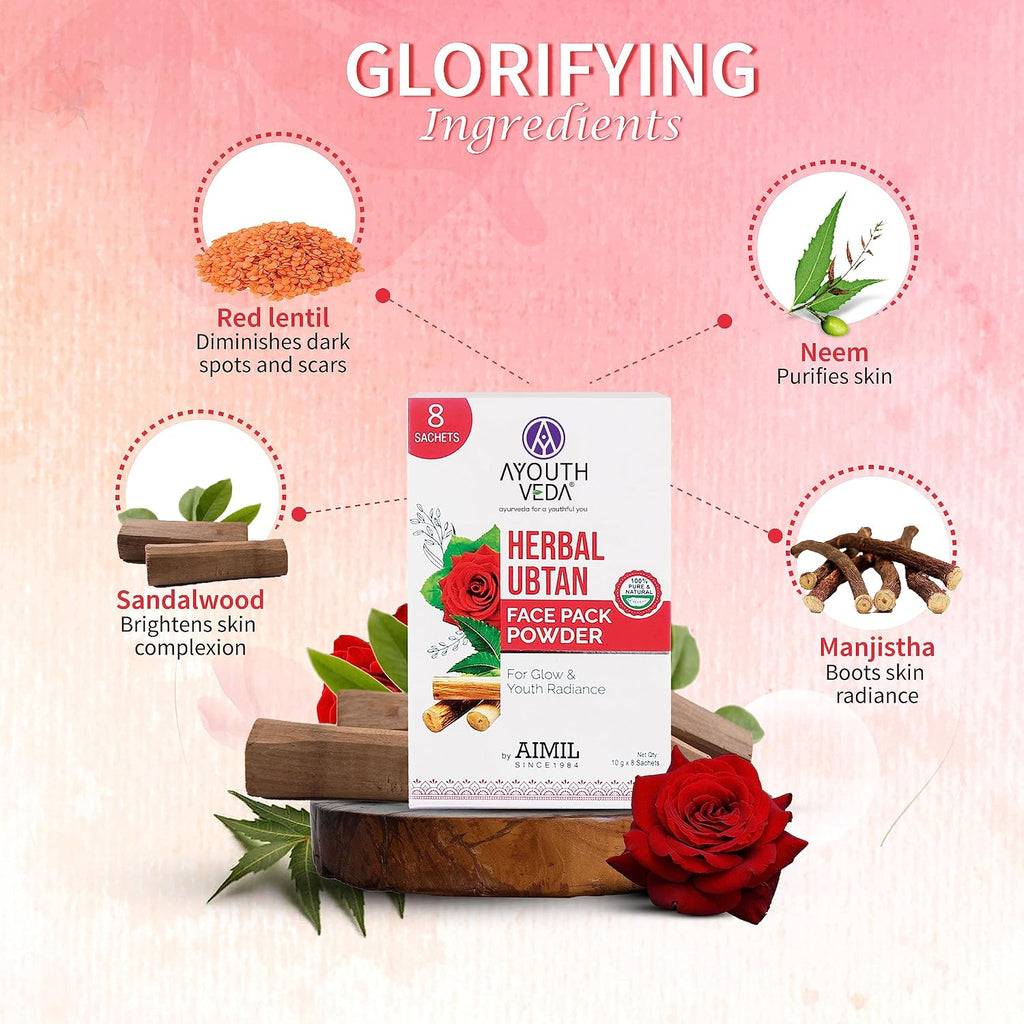 Ayouthveda Herbal Ubtan Face Pack Powder for Glowing & Rejuvenating Skin | Fights Acne, Dull Skin & Dark Spots| Makes Soft & Supple (10g x 8 Sachets) (Pack of 1)