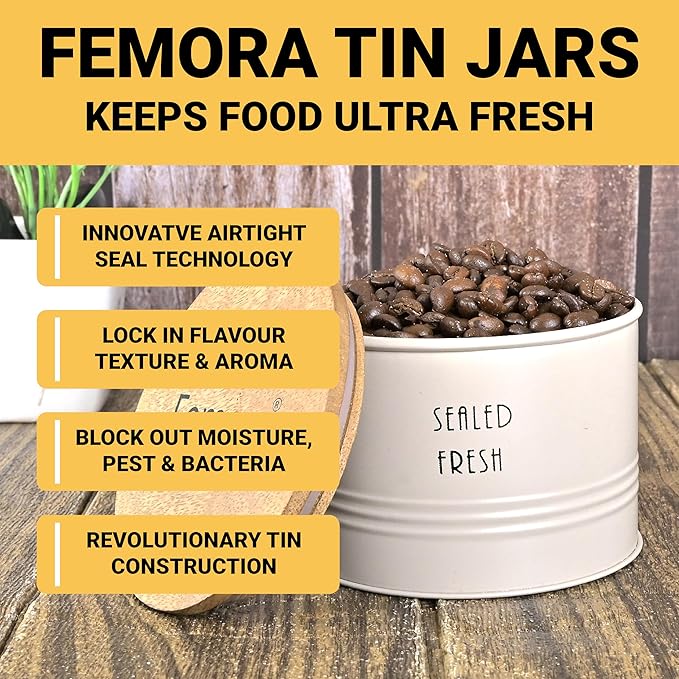 Femora Kitchen Storage Jars Tin Jar With Wooden Lid Air Tight Jar | 300 Ml | Set of 1