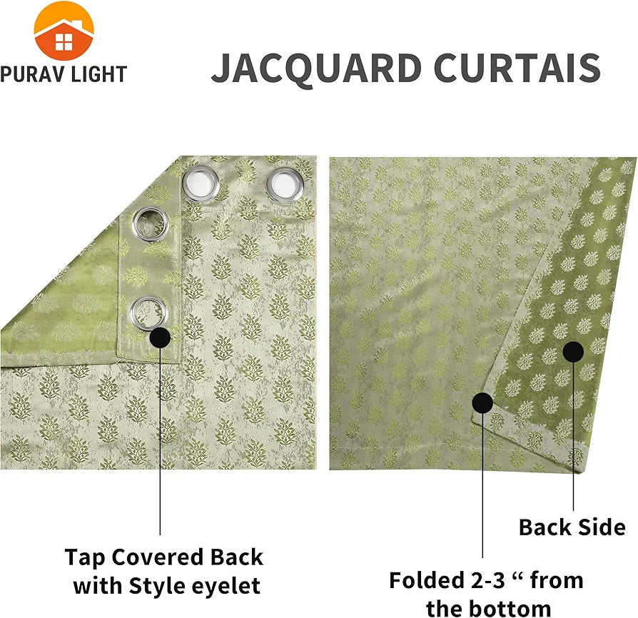 Purav Light Floral Design Jacquard Blackout Jute Curtains for Door 9 Feet 2 Piece Living Room Bedroom