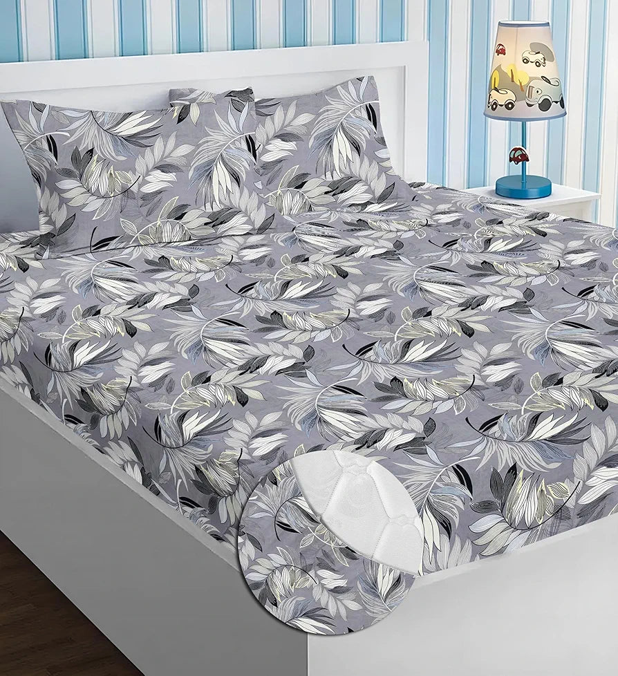 Homekart Premium Cotton Elastic Fitted Bedsheets with 2 King Size Pillow Covers Double Bed Flower Print Grey and Black 200 tc - 220 tc