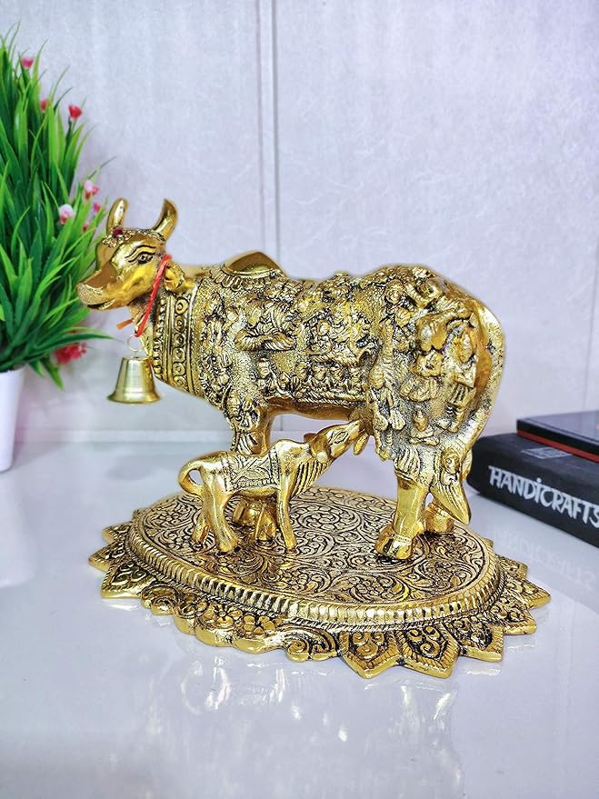 Prince Home Decor & Gifts Metal Kamdhenu Cow with Calf Statue Standard Gold 1 Piece