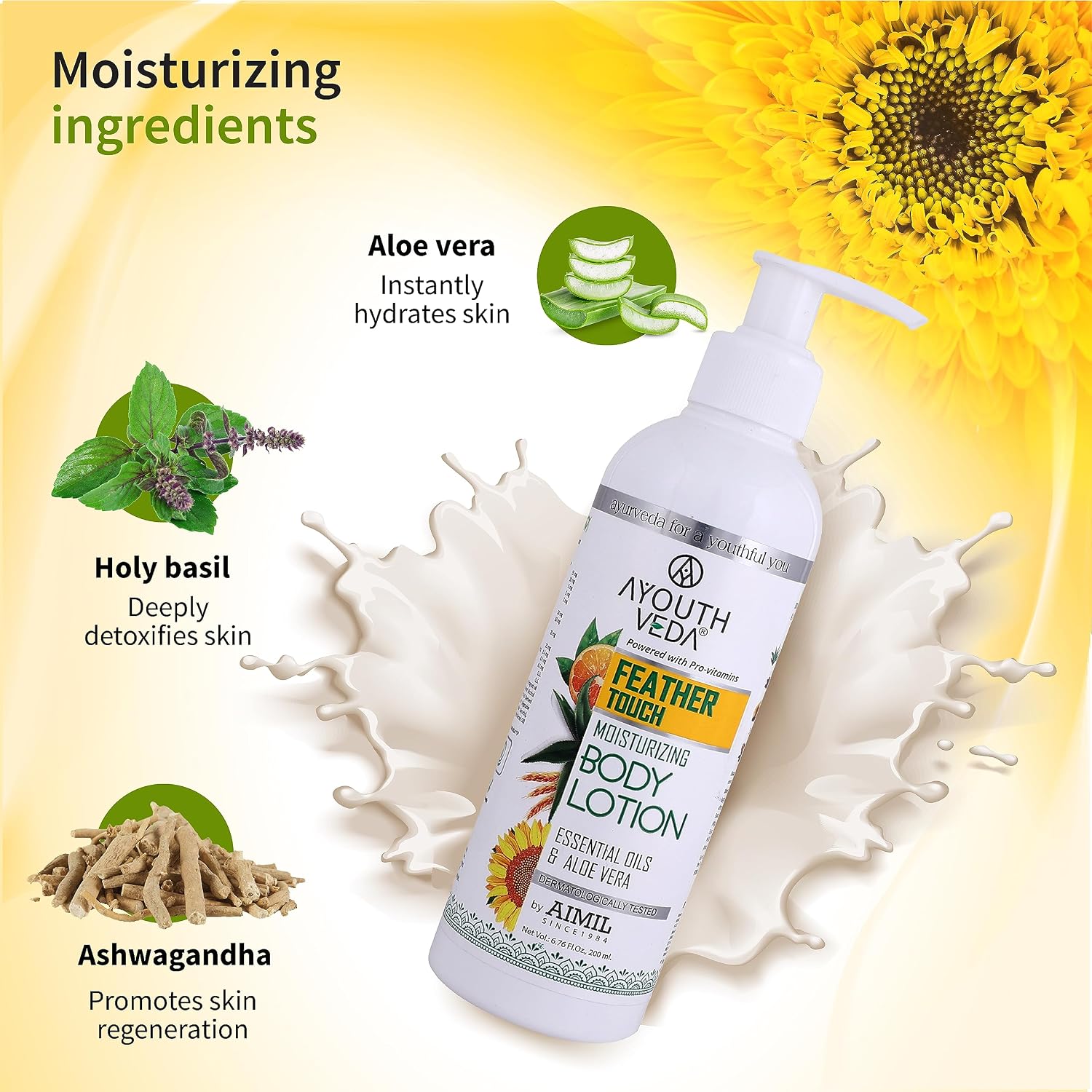 Ayouthveda Feather Touch Moisturizing Body Lotion| Powered with Pro-Vitamins, 5 Essential Oils & AloeVera|Suitable For Normal To Dry Skin| Helps to Repair Damage Skin(Pack Of 1;200ml)
