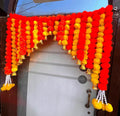 Artificial Marigold Bandanwar 40 Inch Orange & Yellow Fluffy Door Toran with Golden Bells Golden Bell With Marigold Bandanwar