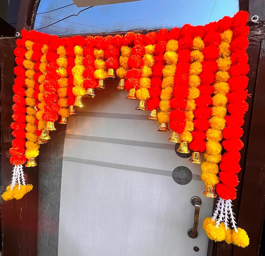 Artificial Marigold Bandanwar 40 Inch Orange & Yellow Fluffy Door Toran with Golden Bells Golden Bell With Marigold Bandanwar