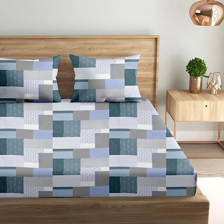 Trance Home Linen 100% Cotton 144TC Elastic Fitted Bedsheet Printed King Bed Size with 2 Pillow Covers Colour Abstract Green