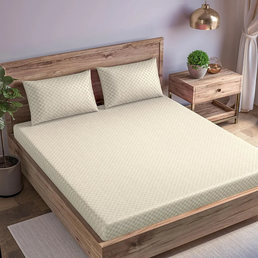 Trance Home Linen 100% Cotton Jacquard Weave Fitted Bedsheet for King Size Bed with 2 Pillow Cover Premium 300TC Skin Friendly 78 x 72 Inches Colour Pearl