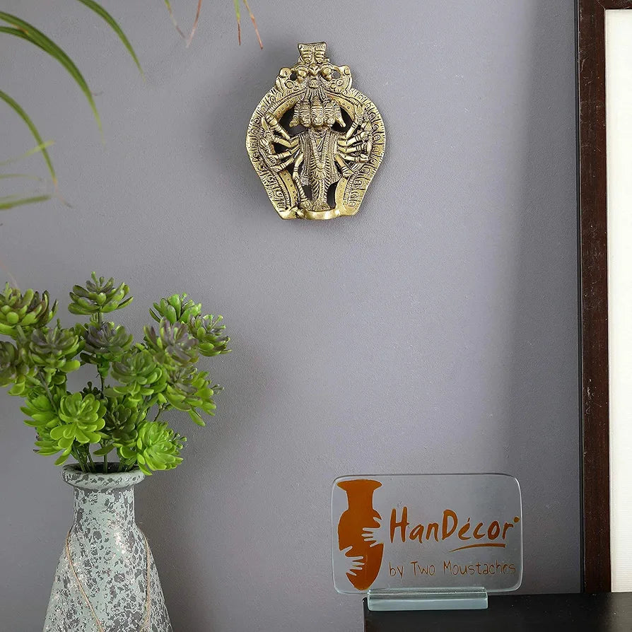 Two Moustaches Panchmukhi Hanuman Brass Wall Hanging Idol