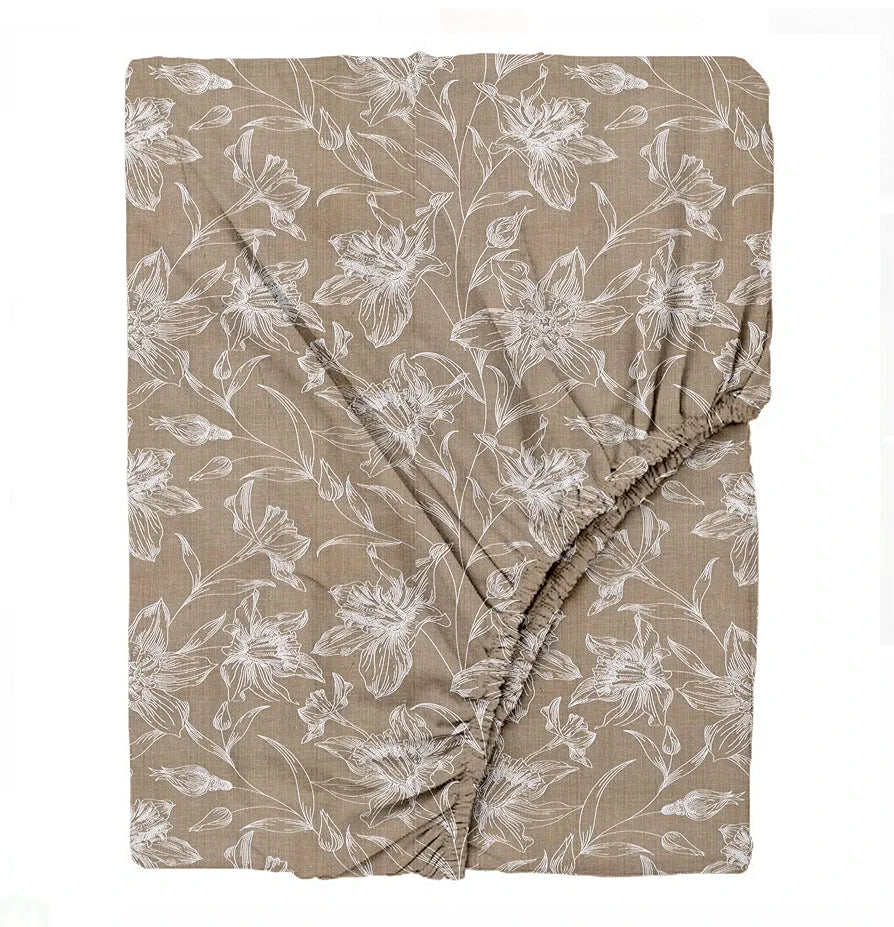 Trance Home Linen 100% Cotton 144TC Elastic Fitted Bedsheet Printed Queen Bed Size with 2 Pillow Covers Serenity Colour Beige