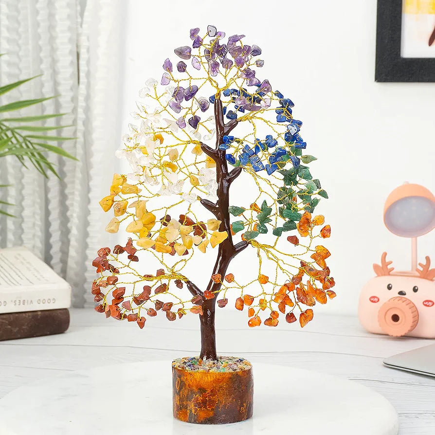 HindCraft Seven Chakra Crystal Tree Golden Wire 10-12 inch