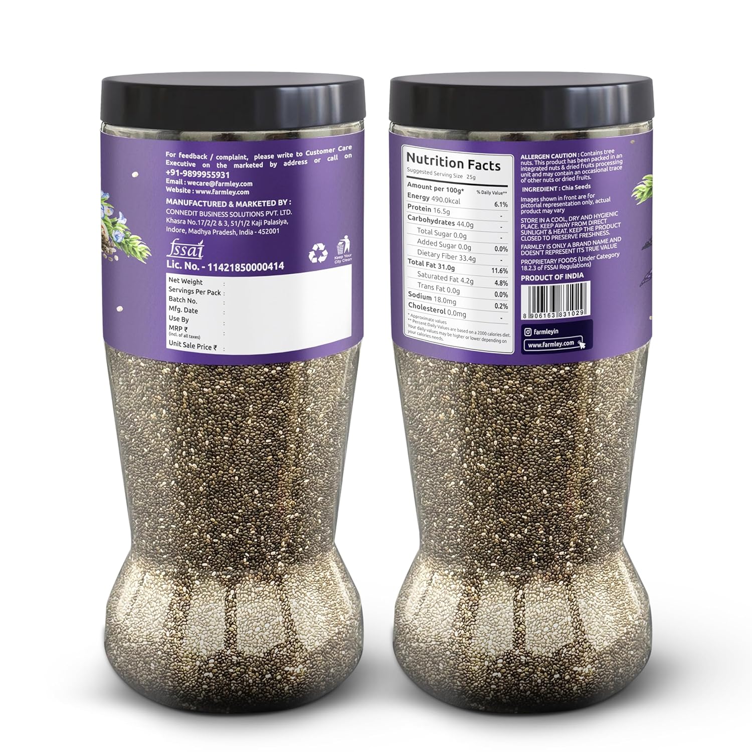 Farmley Chia Seeds 1 Kg, I Seeds for Eating | Seeds for Weight Management | Rich in Calcium, Omega-3, Protein, Fibre, & Non GMO, Reusable Jar (Pack of 1)