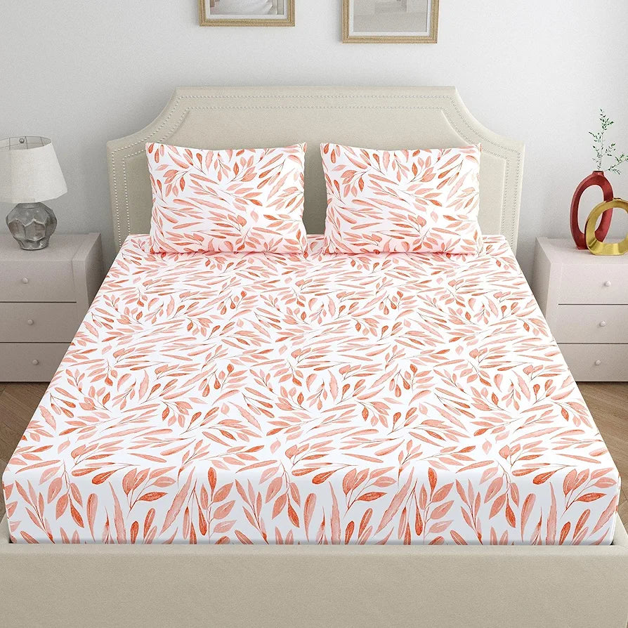 Dreamscape Cotton King Fitted Bedsheet with 2 Pillow Covers Salmon Rose