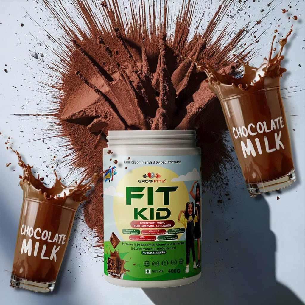 Growfitz FitKid | Natural Healthy Everyday Meal for Kids 2-18 | Supports Bone Strength, Immunity, Brain Development | No Sugar, Only Jaggery | 6.3g Protein | Almonds, Walnut, Ragi, Bajra, Chocolate Powder