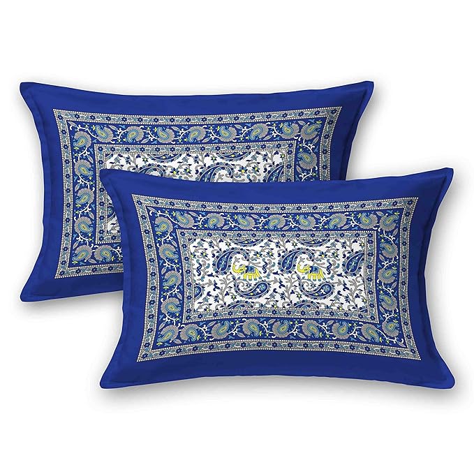 Colorish 120 Tc Cotton Blend Elephant Printed Jaipuri Bedsheet for Double Bed King Size With 2 Pillow Covers | Indigo Blue