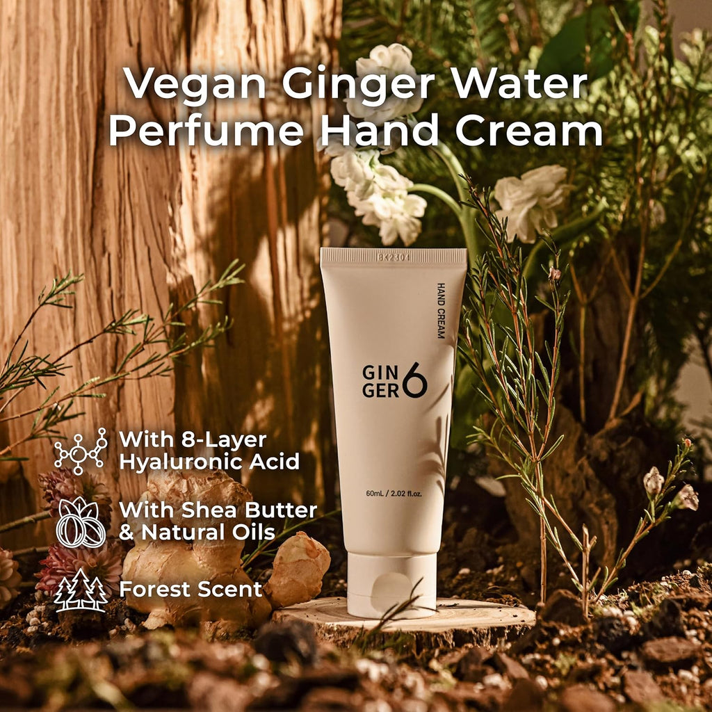 GINGER6 Hand Cream 60ml | 67.6% Ginger Extract Water | Shea Butter & 8 Natural Oils | 8 Hyaluronic Acids Moisturizing | Peptide & Mineral Complex | EWG Green Grade | Green Forest Scent Hydrating Care