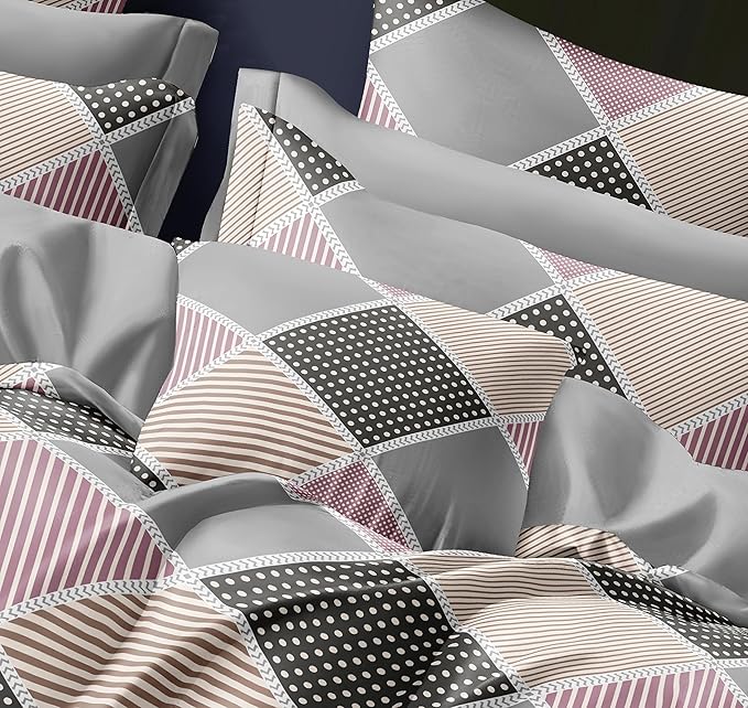Cortina 140 Tc 100% Microfiber Printed Double Bedsheet Set With Two Pillow Case | 90x100 Inches | Pink/grey | Striped
