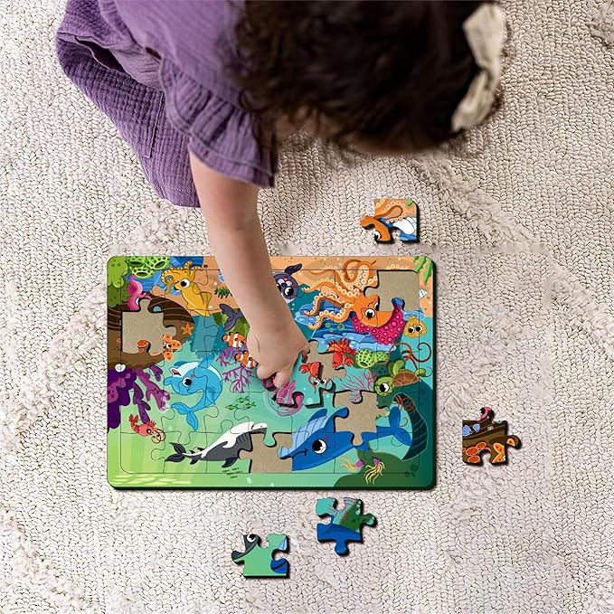 Mini Leaves 35 Piece Puzzle for Kids | Ocean Animals Jigsaw Puzzle | Educational Toys for Kids 3+ Years With Wooden Tray