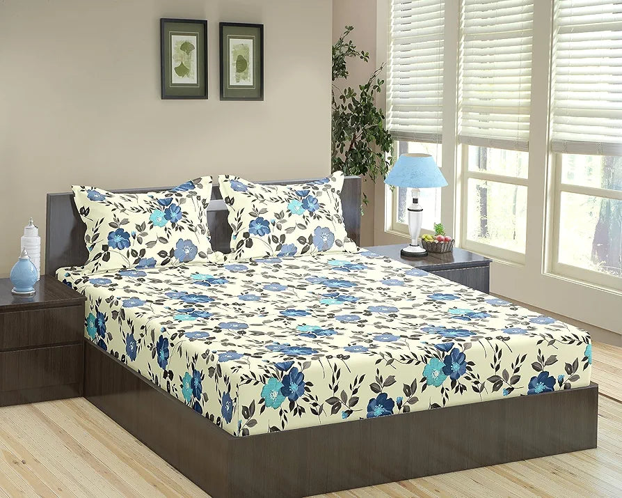 Trance Home Linen 180TC 100% Cotton 78"x60" Standard Queen Size Elastic Fitted Bedsheet Printed Queen Bed Size with 2 Pillow Covers Colour Blooms Blue