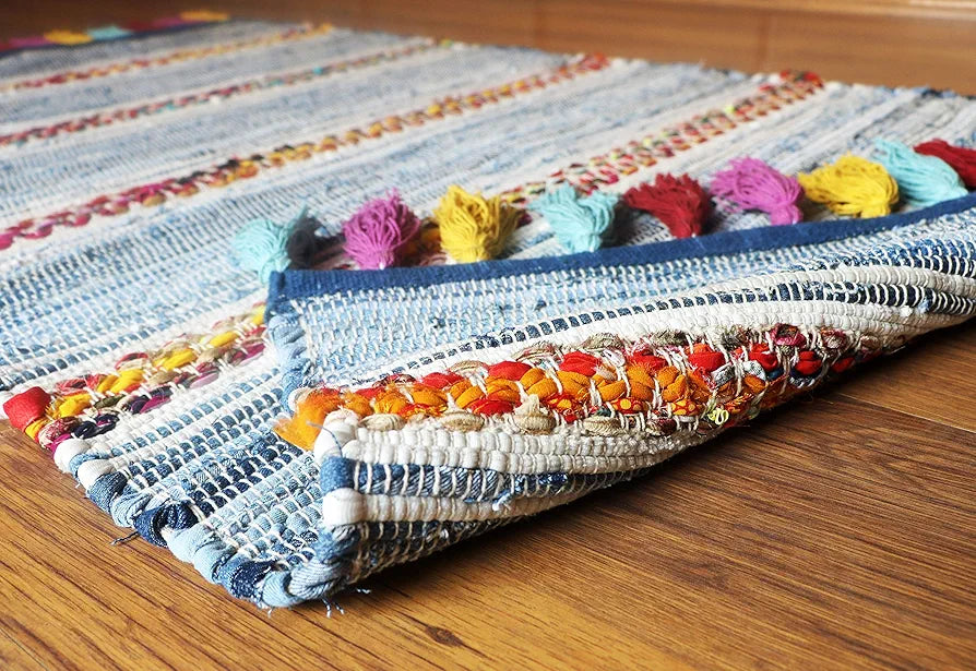 The Home Talk Cotton Chindi Rug Denim Carpets for Living Room Hallway Bedroom Dining Room Denim Blue