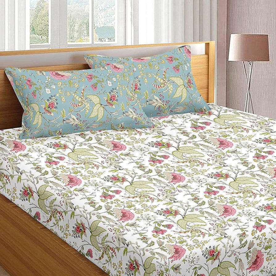 Trance Home Linen 180Tc 100% Cotton 75"X60" Double Bed Size Elastic Fitted Bedsheet Printed With 2 Pillow Covers Queen Colour Calicut White Green