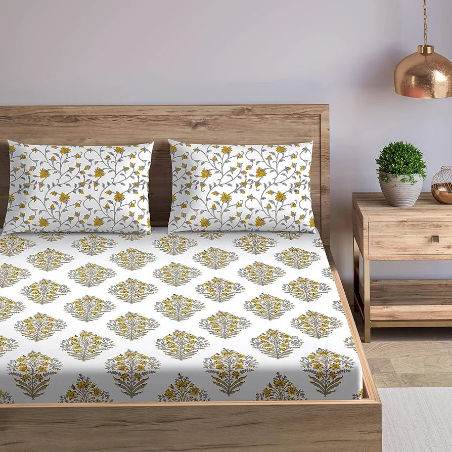 Trance Home Linen 180 TC 100% Cotton 78"x60" Standard Queen Size Elastic Fitted Bedsheet Printed Queen Bed Size with 2 Pillow Covers Colour Madhuban Yellow