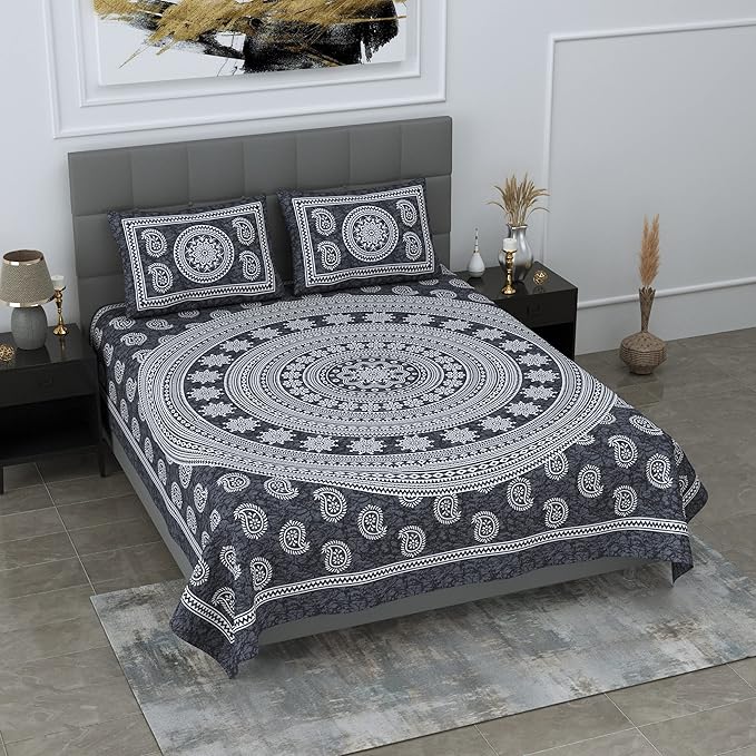 Colorish Motif Mandala Printed 144 Tc Cotton Double Bedsheet With 2 Pillow Covers | Grey
