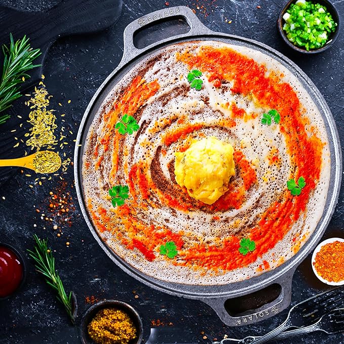 Solara Cast Iron Tawa for Dosa 12" Inch | 30 Cm | Gas & Induction Friendly, Dosa Pan Cast Iron, Cast Iron Cookware
