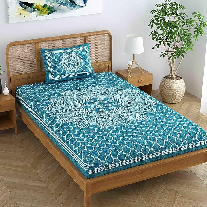 Colorish 120 Tc Cotton Blend Mandala Jaipuri Printed Bedsheet for Single Bed With 1 Pillow Cover | Sea Green