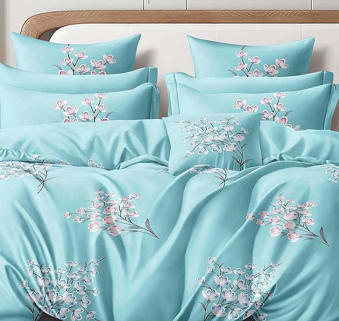 Cortina 140 Tc 100% Microfiber Printed Double Bedsheet Set With Two Pillow Case | 90x100 Inches | Leaf | Sky Blue